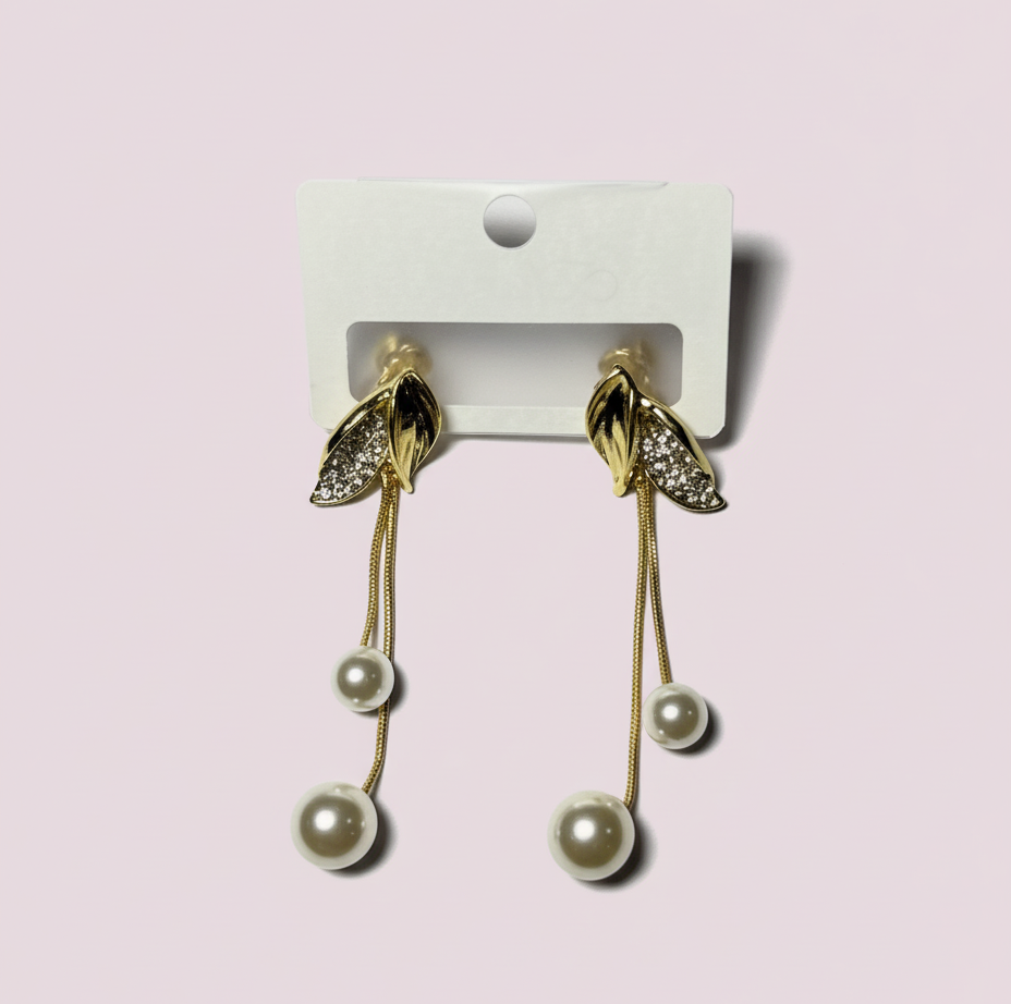 Elegant Gold Leaf Pearl Dangle Earrings. MAYA LUXE.