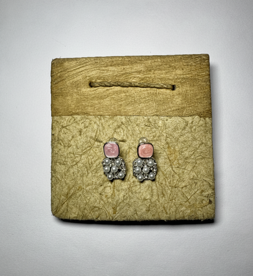 Vintage Pink Enamel & Pearl Cluster Stud Earrings. MAYA LUXE.