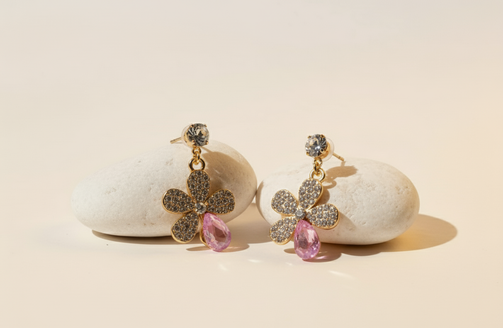 "Blossom Drop" Crystal and Pink Topaz Dangle Earrings. MAYA LUXE.