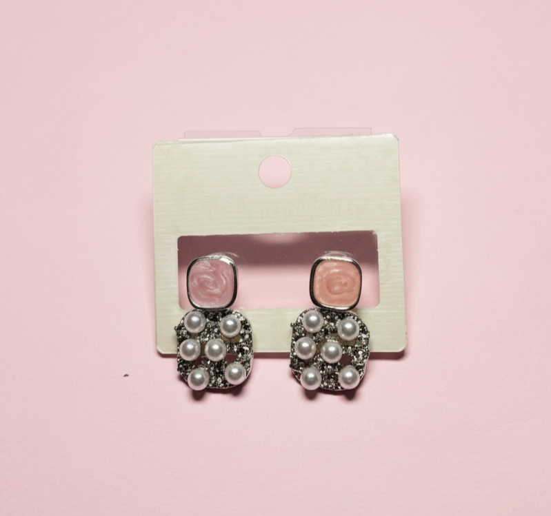 Vintage Pink Enamel & Pearl Cluster Stud Earrings. MAYA LUXE.